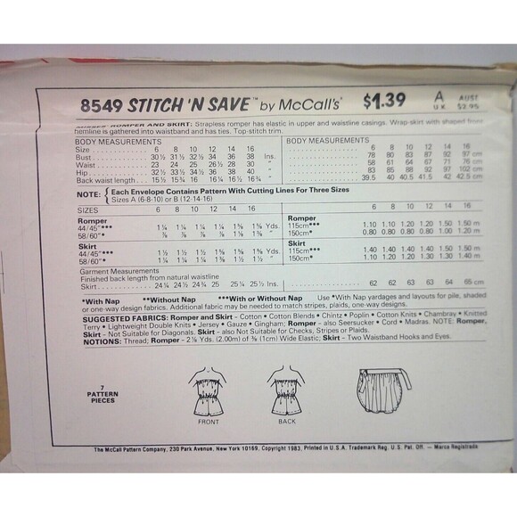 Stitch N Save by McCalls Pattern 8549 Misses Romper and Skirt Size 12-16 Uncut - Picture 3 of 3